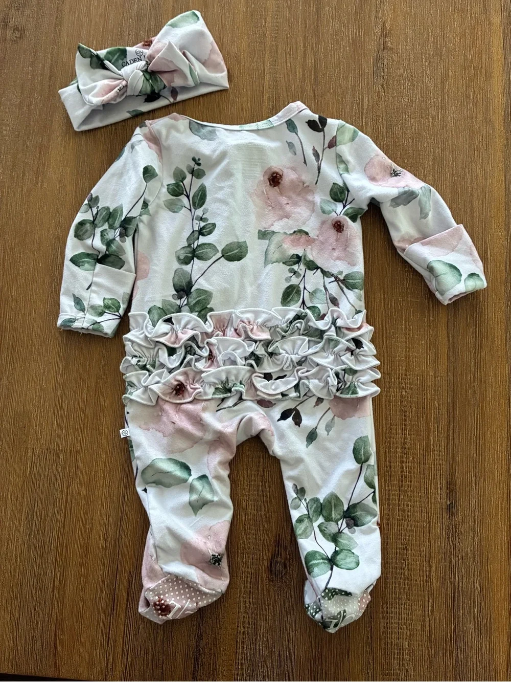 Caden Lane White Floral Ruffle Footed One-Piece with Headband